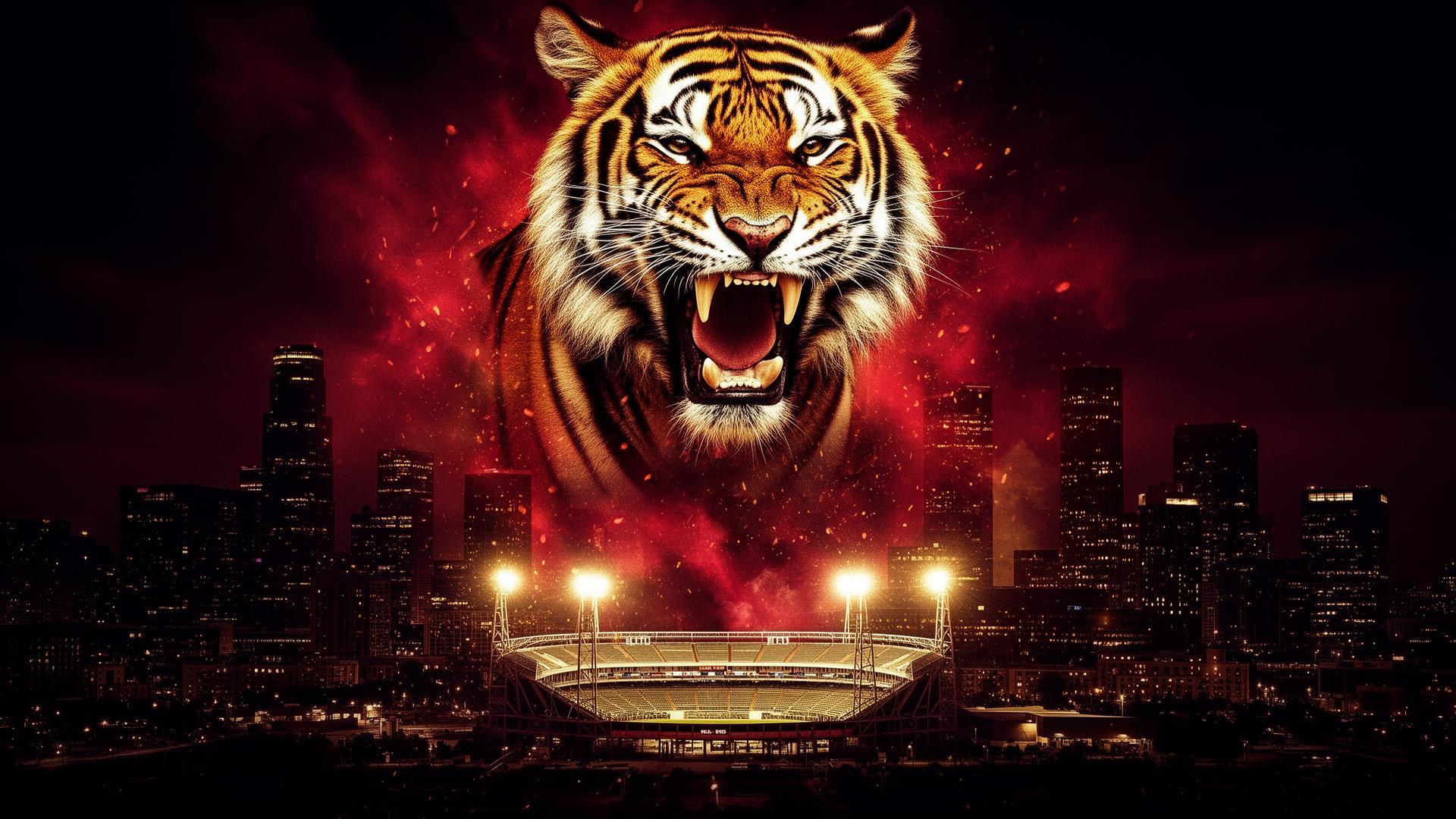 FC Tigers Dallas — fierce tiger rising over Dallas skyline